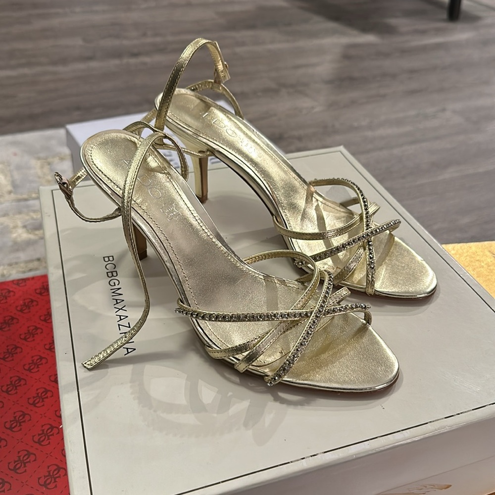 Gold Strappy Rhinestone Sandals. - Picture 2 of 5
